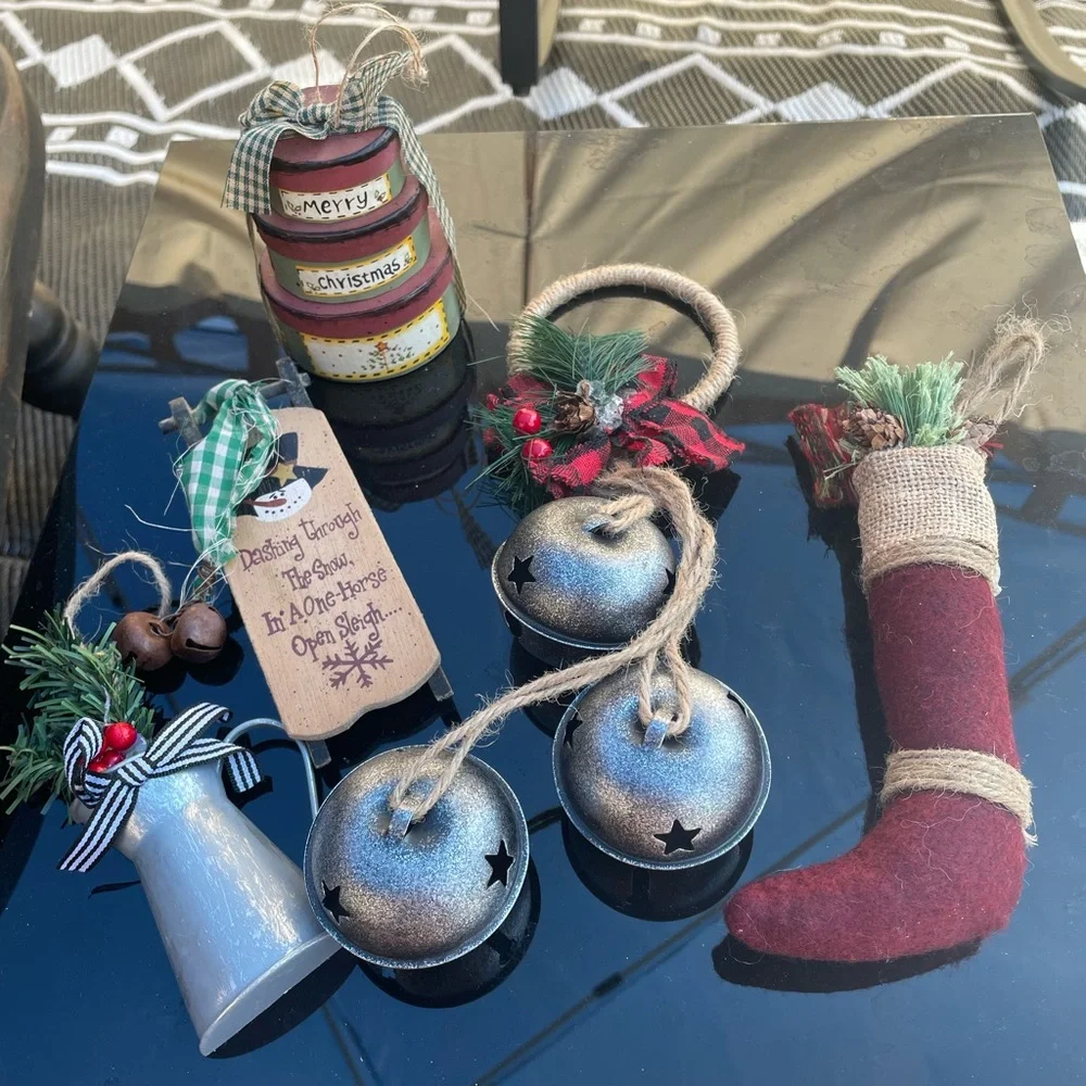 Holiday Rustic Jingle Bell Ornament Set - Red & Silver